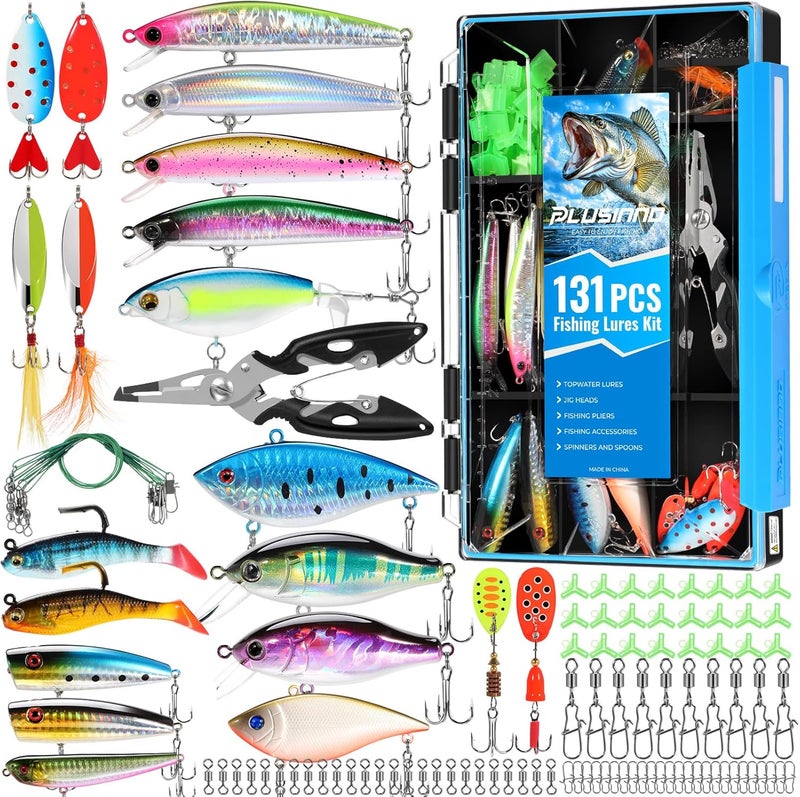 PLUSINNO Fishing Lures Fishing Tackle Box Fishing Gifts for Men, Bass, Trout Fishing Accessories Kit for Saltwater & Freshwater Fishing Gear Including Topwater Lures, Hooks, Spinnerbaits - Image 1